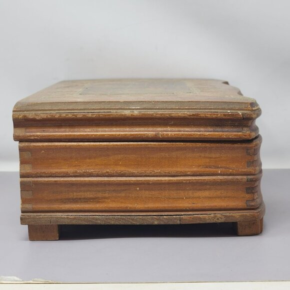 Vintage Wooden Dovetail Jewelry Box With Mirror & Floral Design - Picture 5 of 12